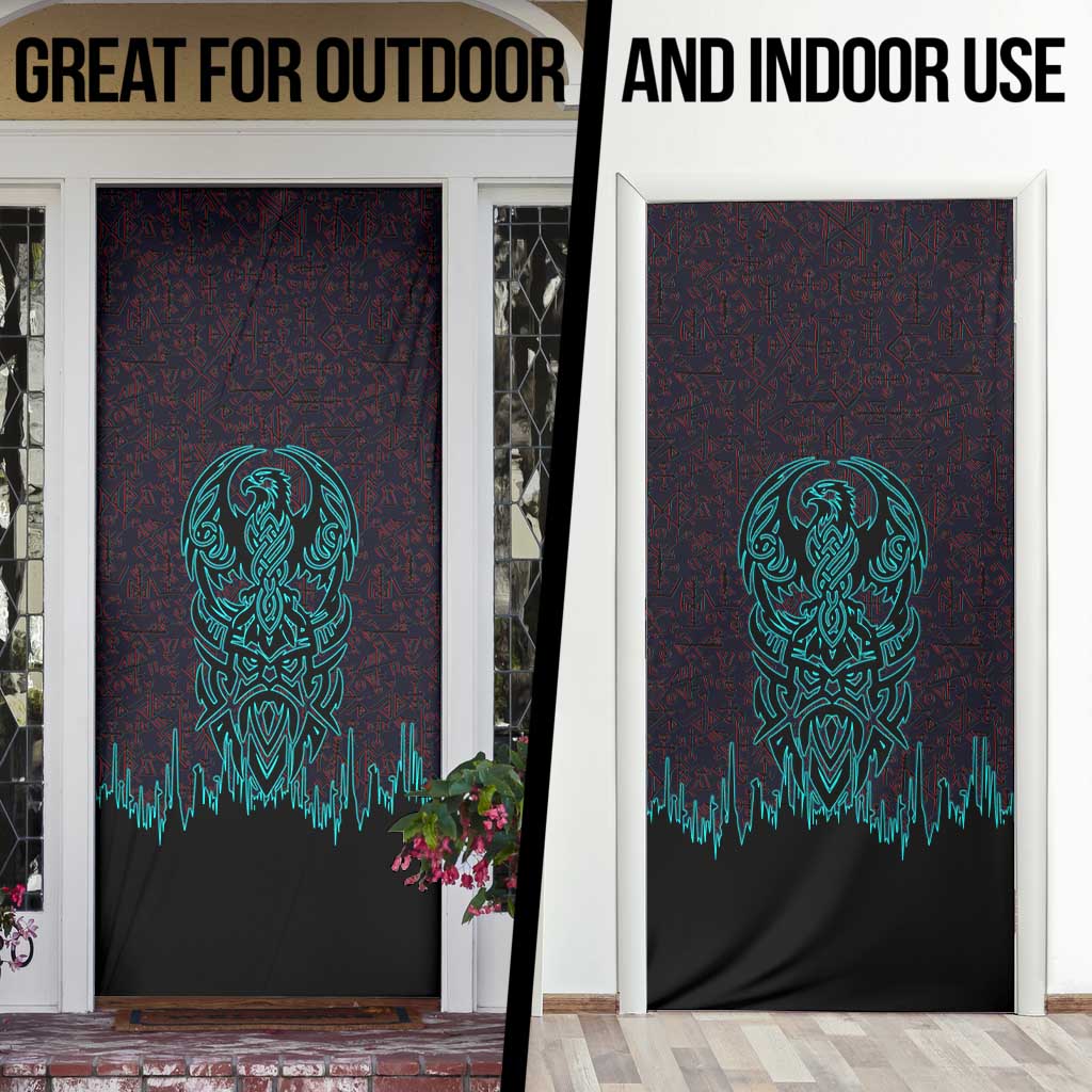 Viking Warrior Helm Door Cover Neon Tribal Linework and Runic Pattern Art