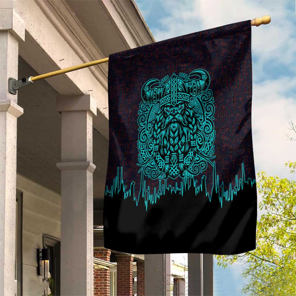 Viking Warrior Helm Garden Flag Neon Tribal Linework and Runic Pattern Art