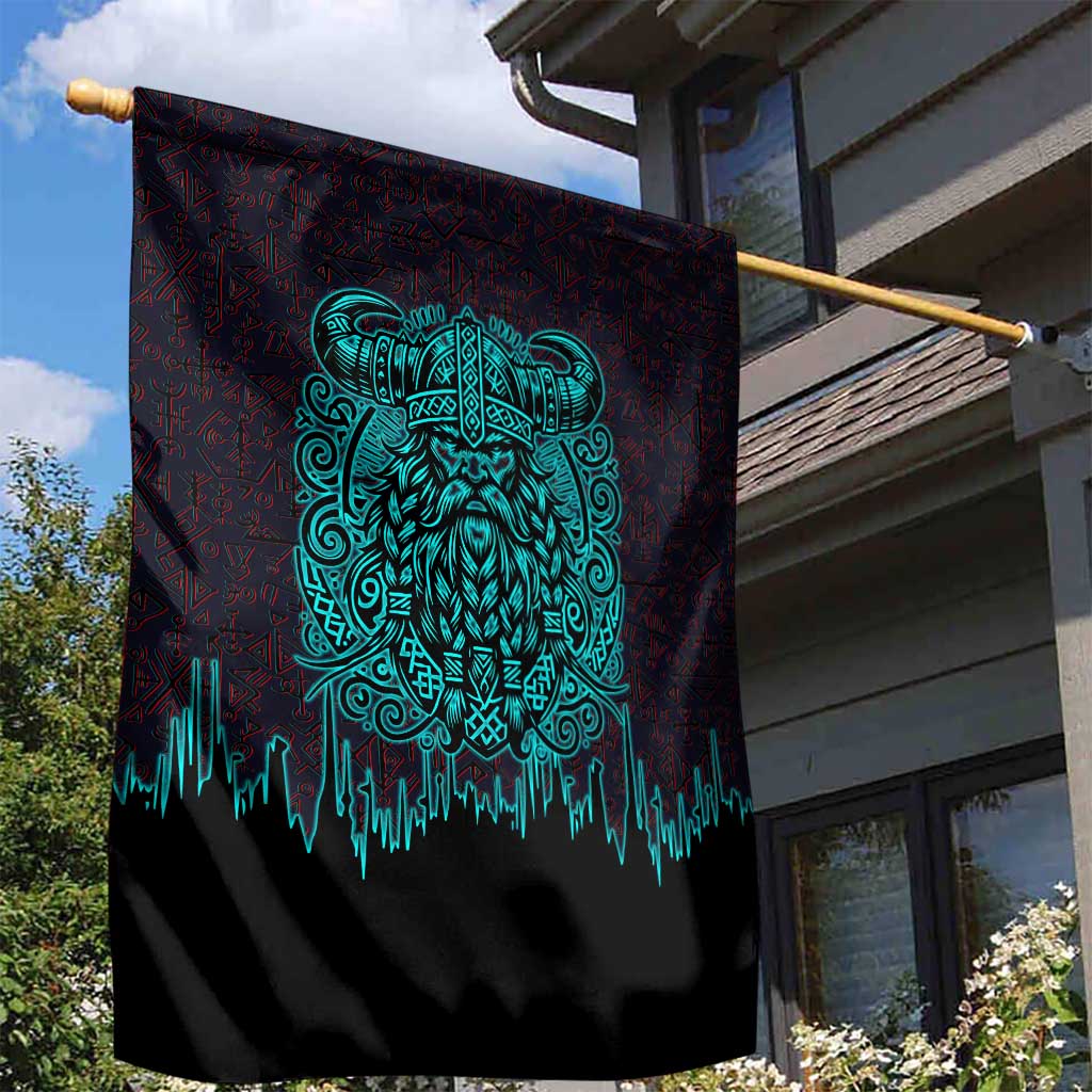 Viking Warrior Helm Garden Flag Neon Tribal Linework and Runic Pattern Art