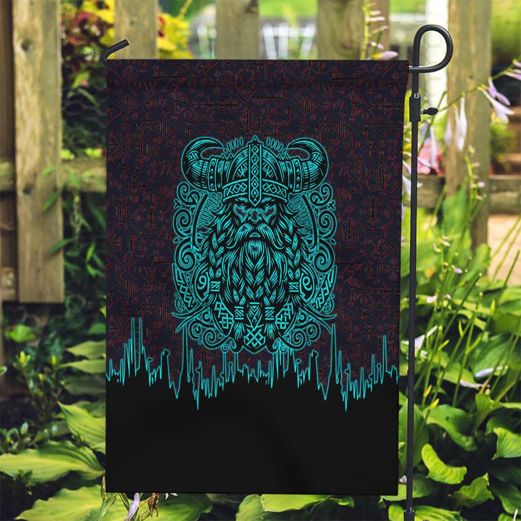 Viking Warrior Helm Garden Flag Neon Tribal Linework and Runic Pattern Art