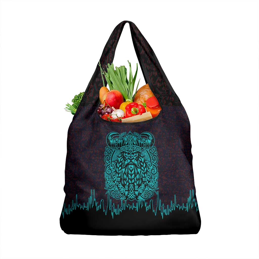 Viking Warrior Helm Grocery Bag Neon Tribal Linework and Runic Pattern Art