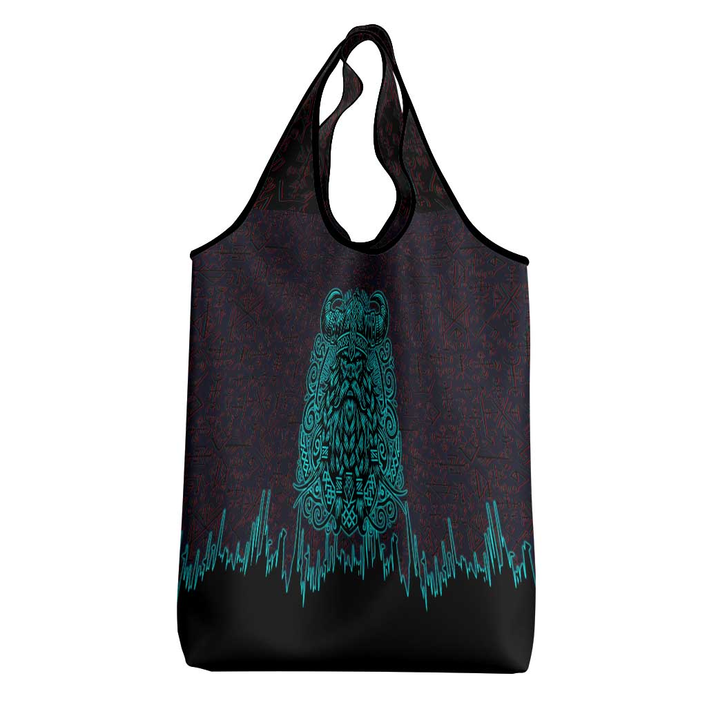 Viking Warrior Helm Grocery Bag Neon Tribal Linework and Runic Pattern Art
