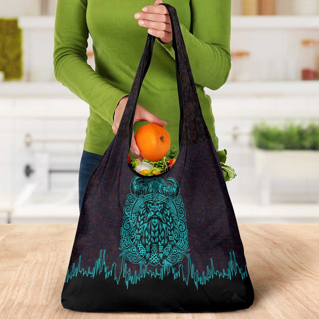 Viking Warrior Helm Grocery Bag Neon Tribal Linework and Runic Pattern Art