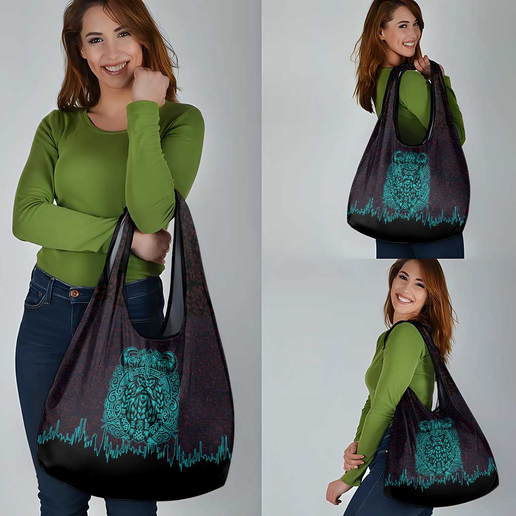 Viking Warrior Helm Grocery Bag Neon Tribal Linework and Runic Pattern Art