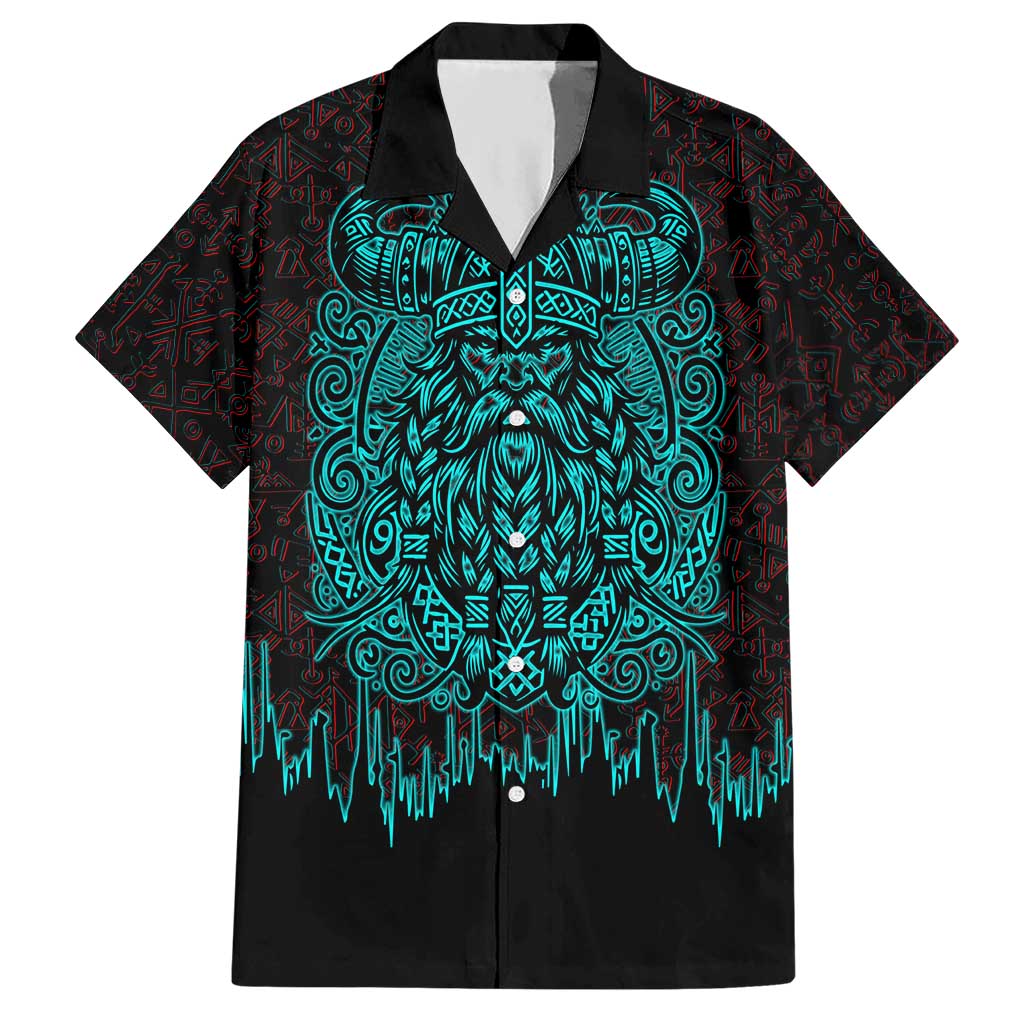 Viking Warrior Helm Hawaiian Shirt Neon Tribal Linework and Runic Pattern Art