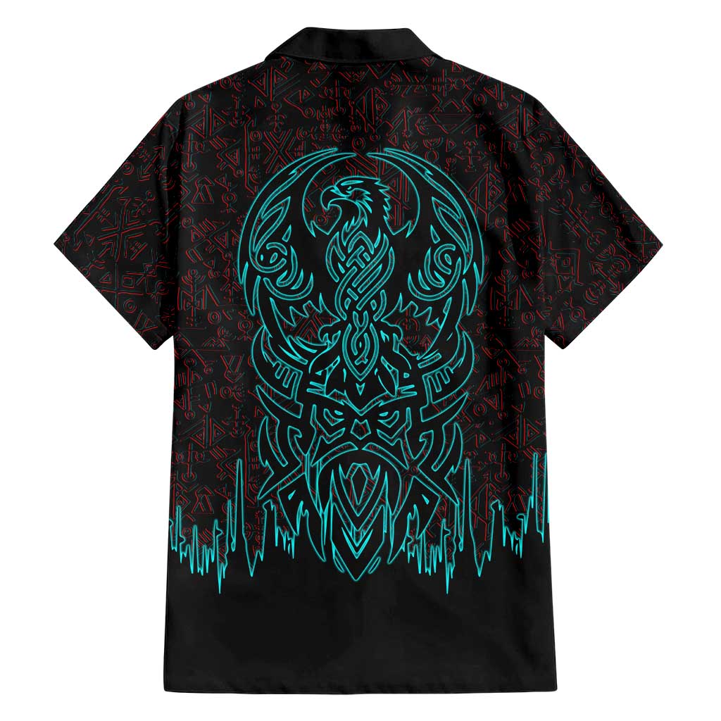 Viking Warrior Helm Hawaiian Shirt Neon Tribal Linework and Runic Pattern Art
