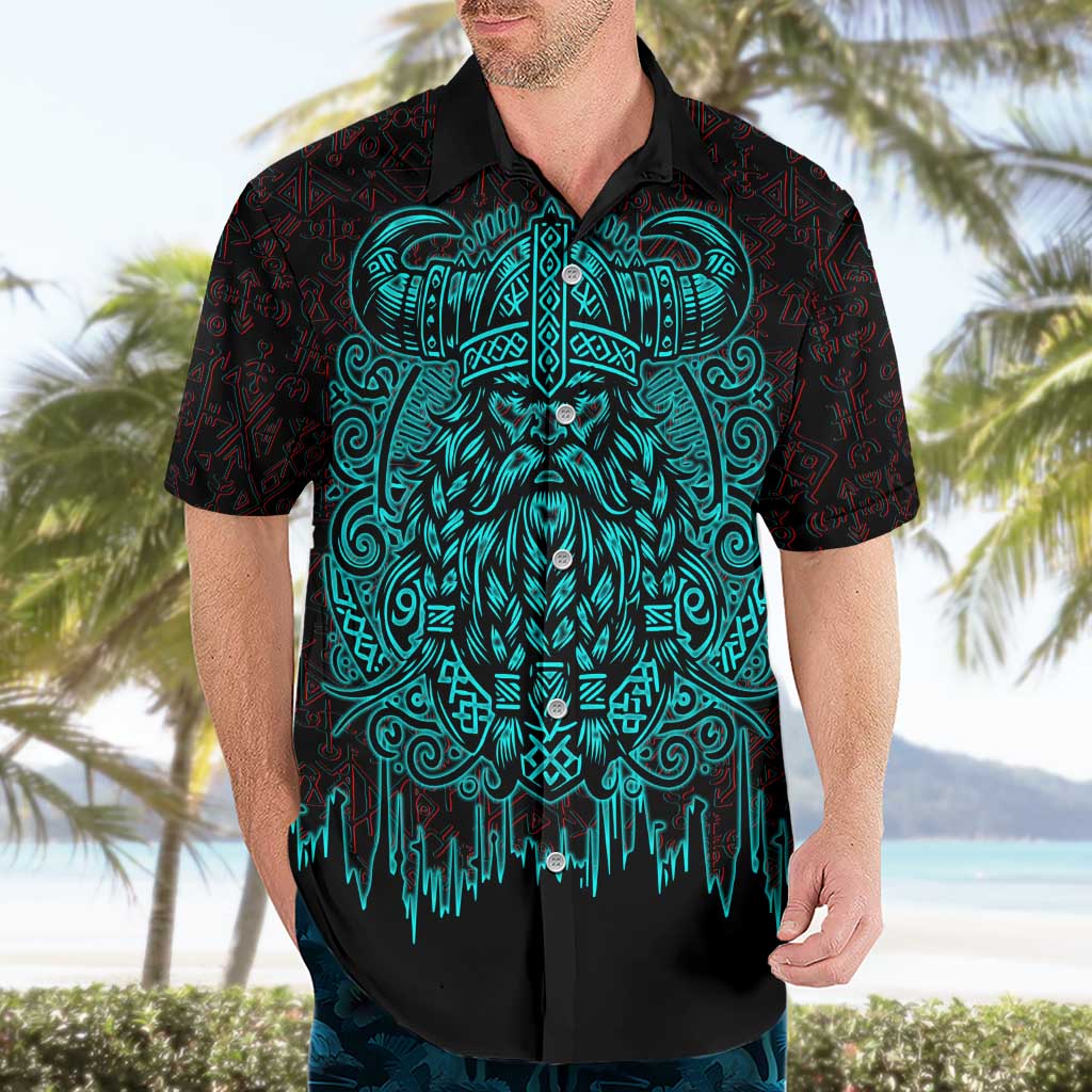 Viking Warrior Helm Hawaiian Shirt Neon Tribal Linework and Runic Pattern Art