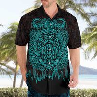 Viking Warrior Helm Hawaiian Shirt Neon Tribal Linework and Runic Pattern Art