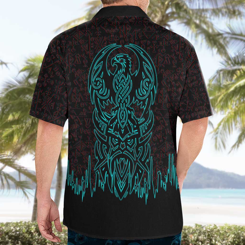 Viking Warrior Helm Hawaiian Shirt Neon Tribal Linework and Runic Pattern Art