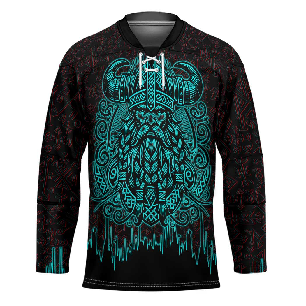 Viking Warrior Helm Hockey Jersey Neon Tribal Linework and Runic Pattern Art