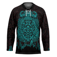 Viking Warrior Helm Hockey Jersey Neon Tribal Linework and Runic Pattern Art