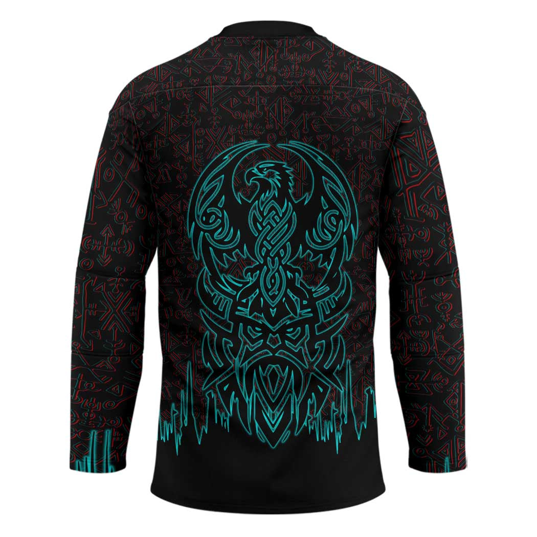 Viking Warrior Helm Hockey Jersey Neon Tribal Linework and Runic Pattern Art