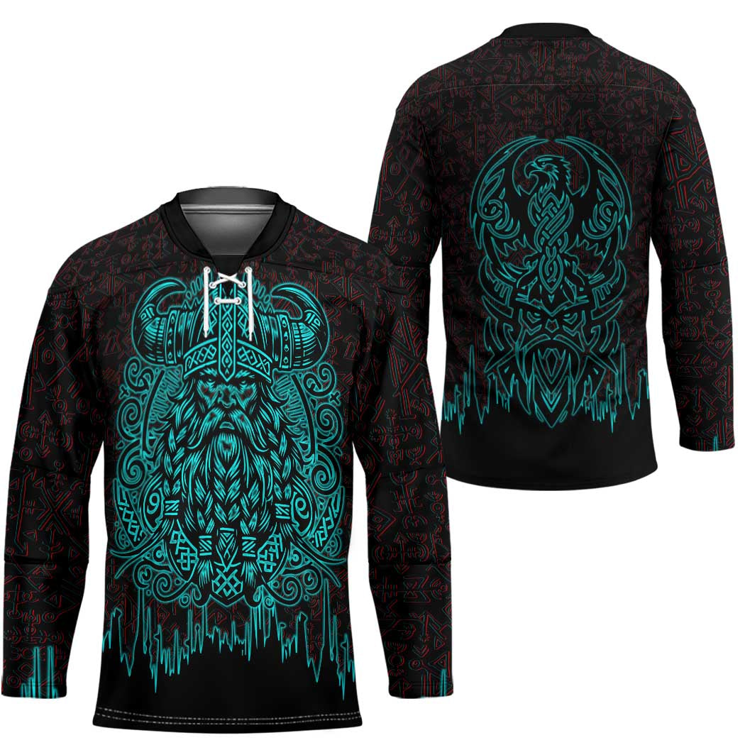 Viking Warrior Helm Hockey Jersey Neon Tribal Linework and Runic Pattern Art