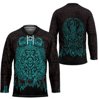 Viking Warrior Helm Hockey Jersey Neon Tribal Linework and Runic Pattern Art