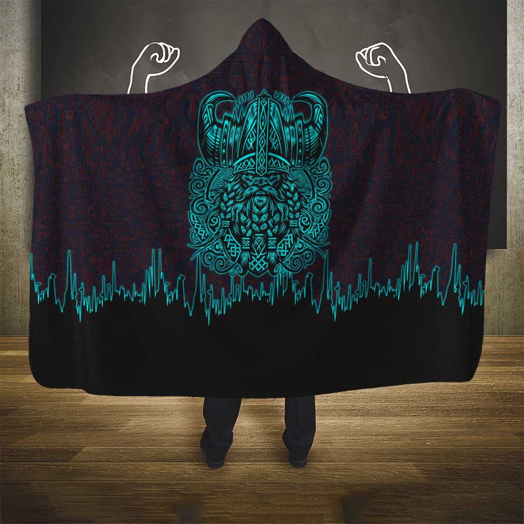 Viking Warrior Helm Hooded Blanket Neon Tribal Linework and Runic Pattern Art