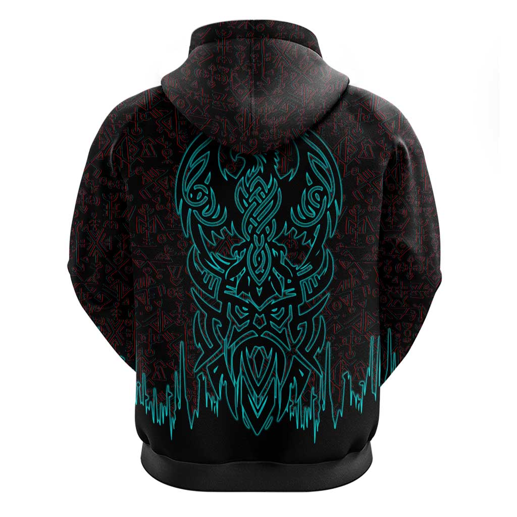 Viking Warrior Helm Hoodie Neon Tribal Linework and Runic Pattern Art