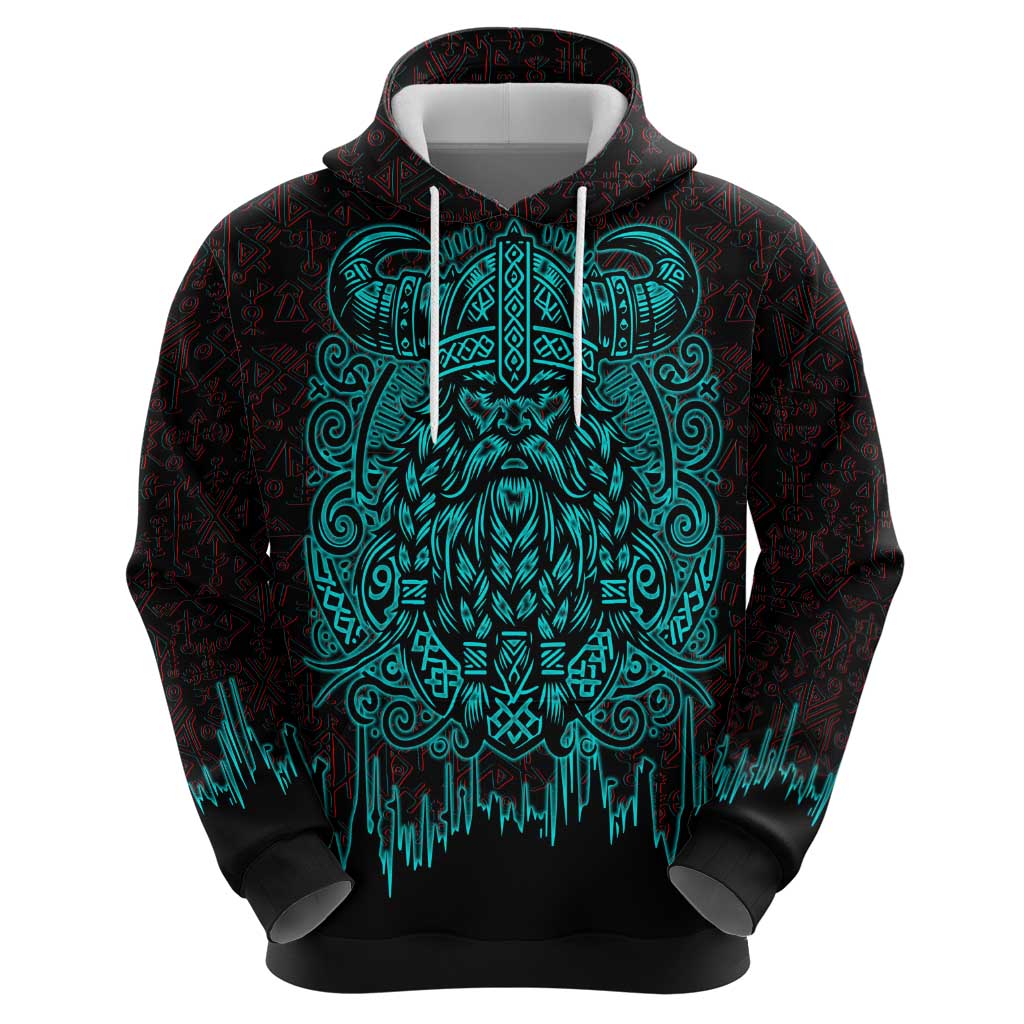 Viking Warrior Helm Hoodie Neon Tribal Linework and Runic Pattern Art
