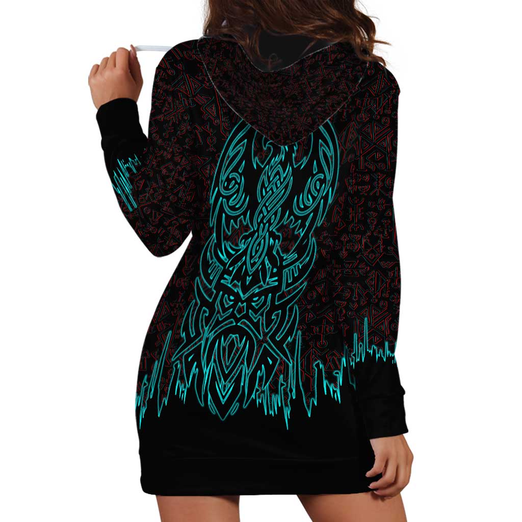 Viking Warrior Helm Hoodie Dress Neon Tribal Linework and Runic Pattern Art