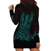 Viking Warrior Helm Hoodie Dress Neon Tribal Linework and Runic Pattern Art
