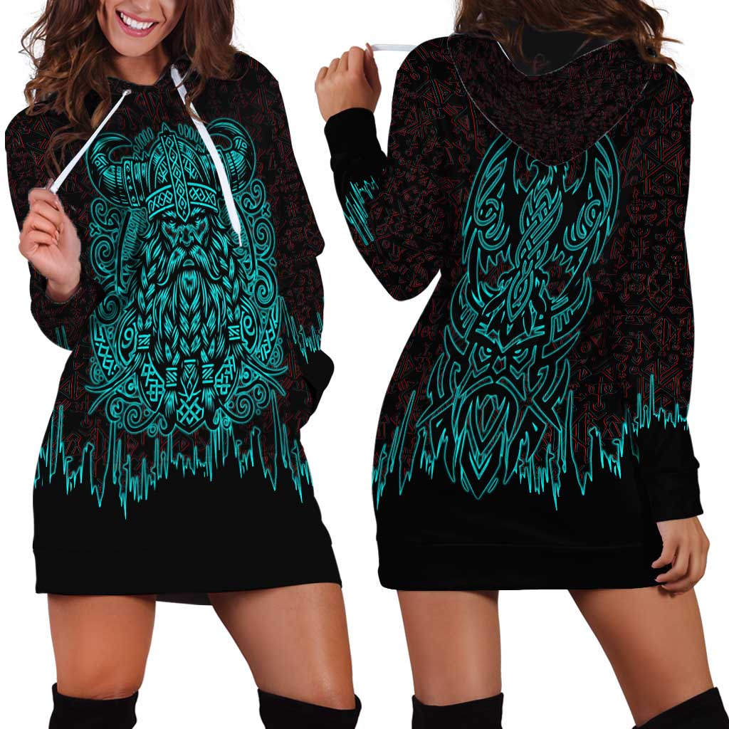 Viking Warrior Helm Hoodie Dress Neon Tribal Linework and Runic Pattern Art