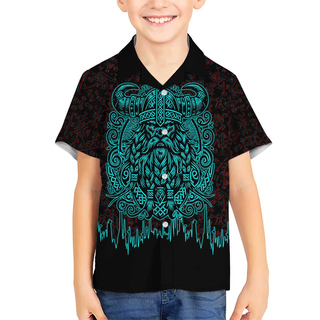 Viking Warrior Helm Kid Hawaiian Shirt Neon Tribal Linework and Runic Pattern Art