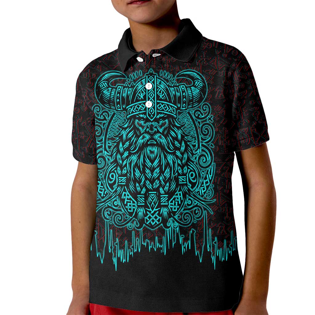 Viking Warrior Helm Kid Polo Shirt Neon Tribal Linework and Runic Pattern Art