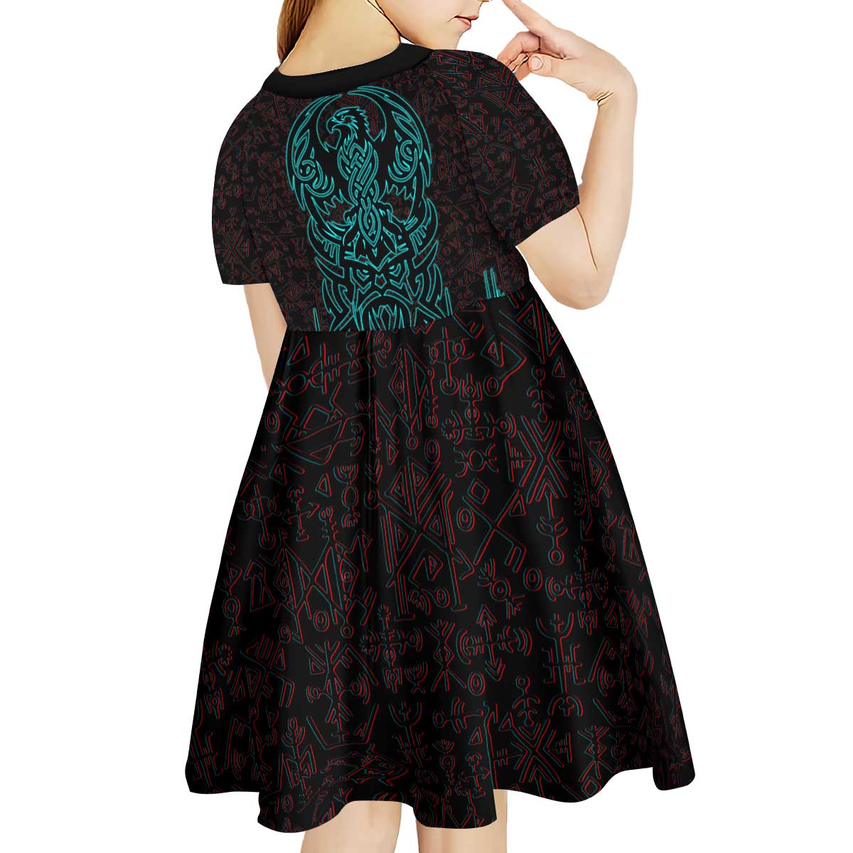 Viking Warrior Helm Kid Short Sleeve Dress Neon Tribal Linework and Runic Pattern Art