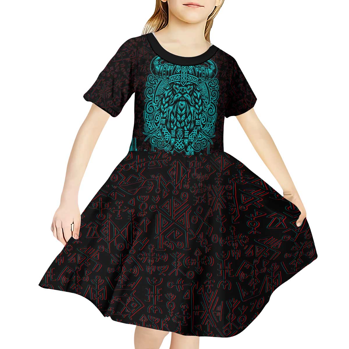Viking Warrior Helm Kid Short Sleeve Dress Neon Tribal Linework and Runic Pattern Art
