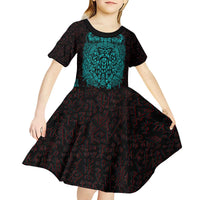 Viking Warrior Helm Kid Short Sleeve Dress Neon Tribal Linework and Runic Pattern Art