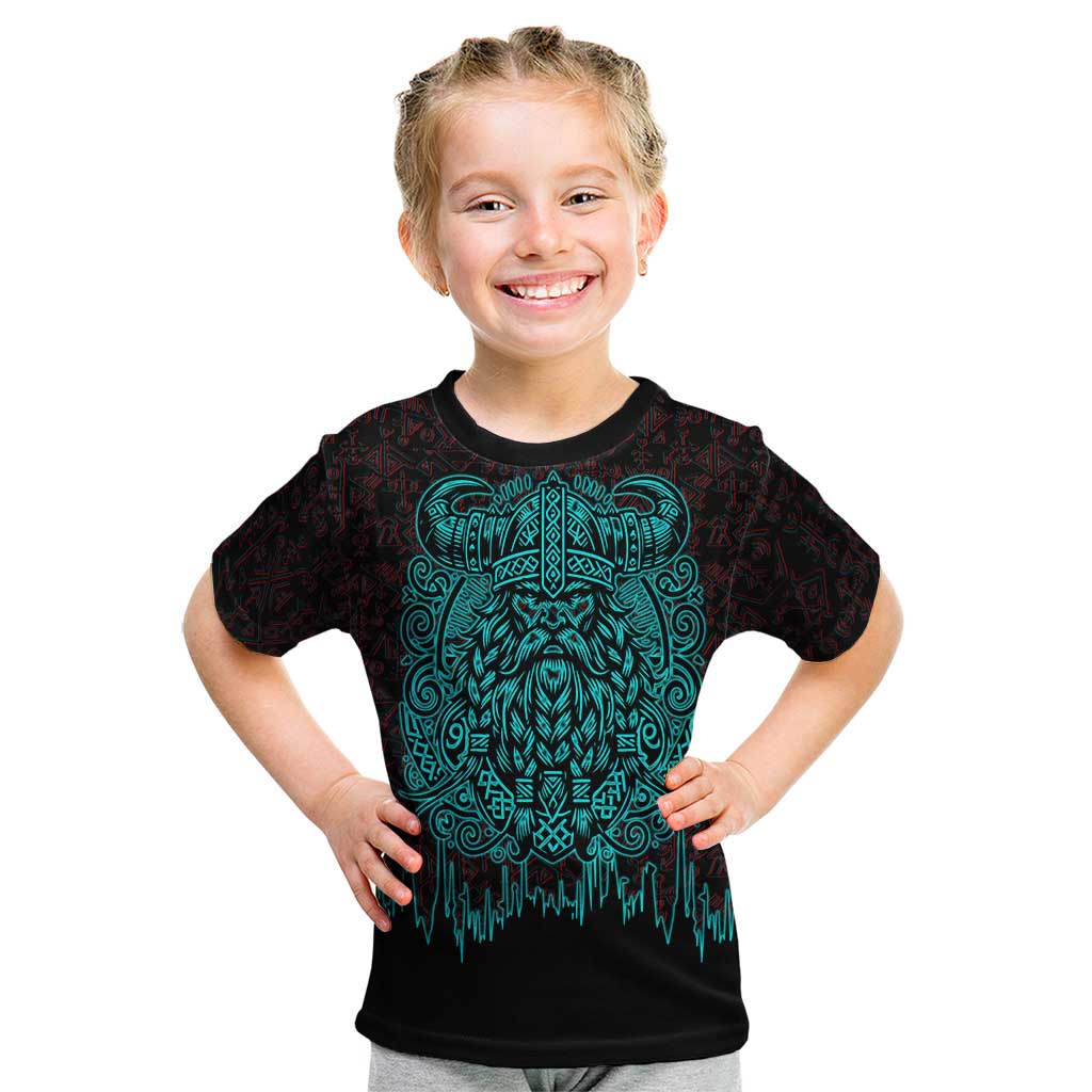 Viking Warrior Helm Kid T Shirt Neon Tribal Linework and Runic Pattern Art