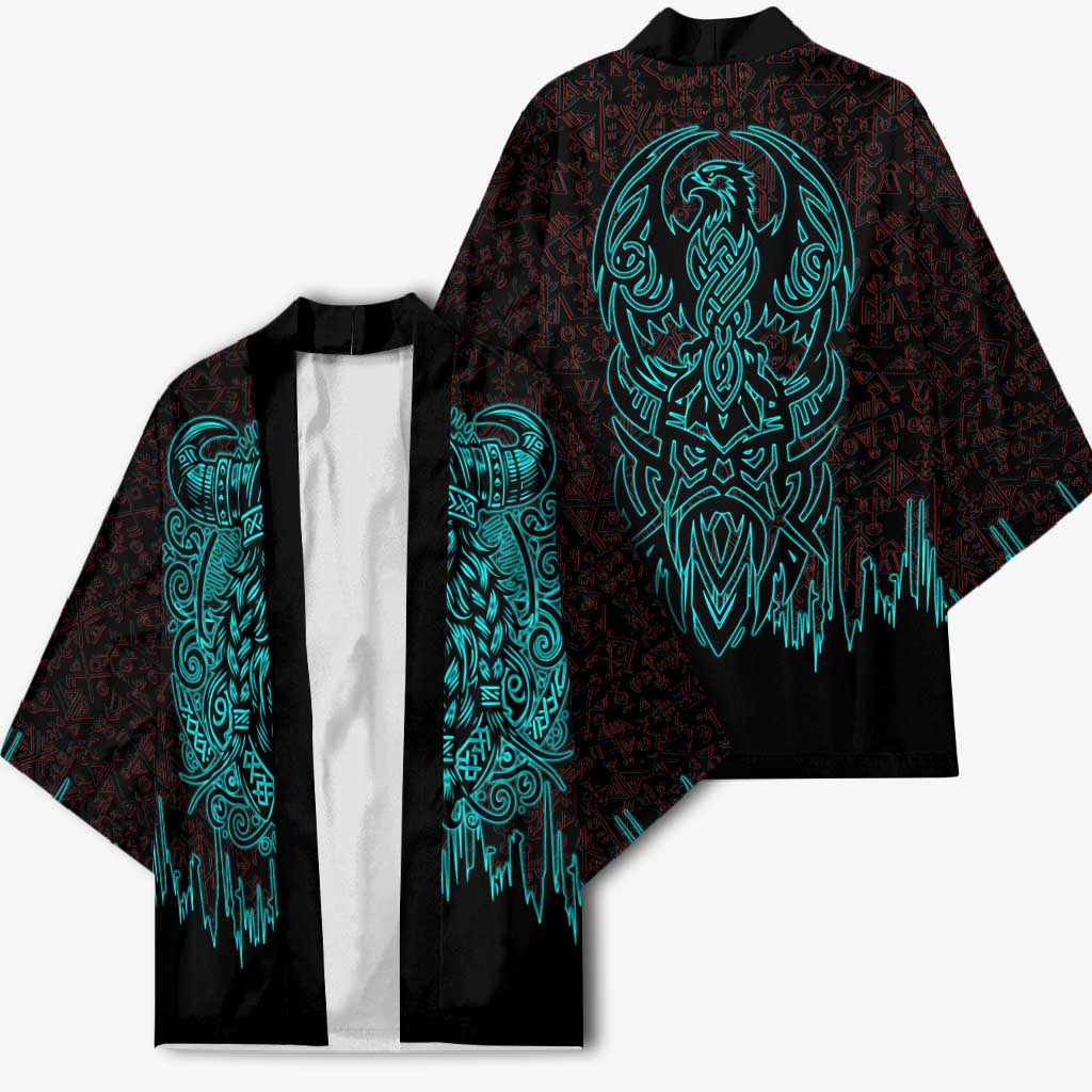 Viking Warrior Helm Kimono Neon Tribal Linework and Runic Pattern Art