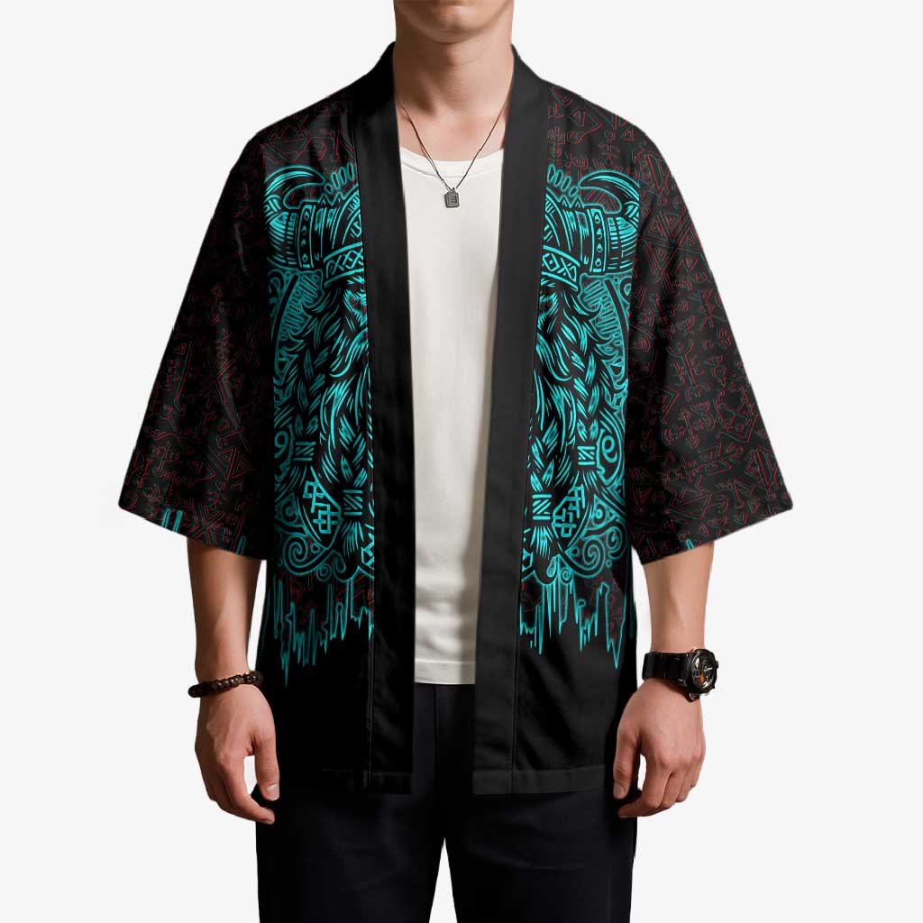 Viking Warrior Helm Kimono Neon Tribal Linework and Runic Pattern Art