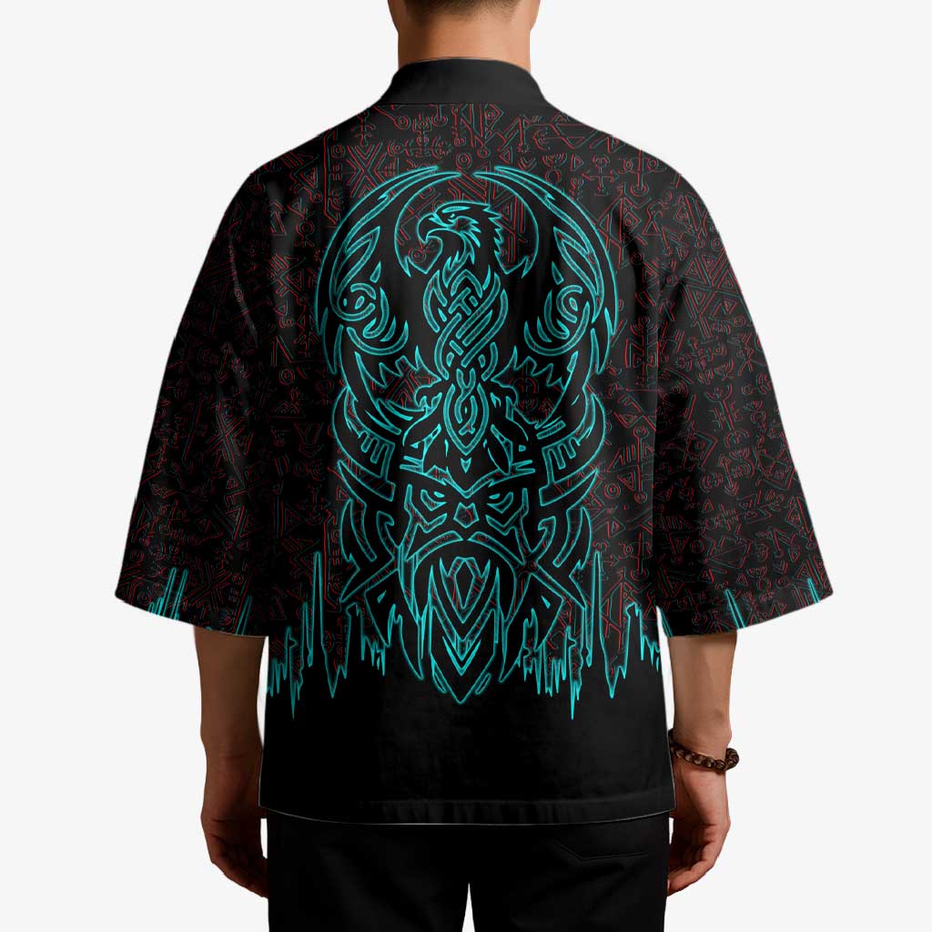 Viking Warrior Helm Kimono Neon Tribal Linework and Runic Pattern Art