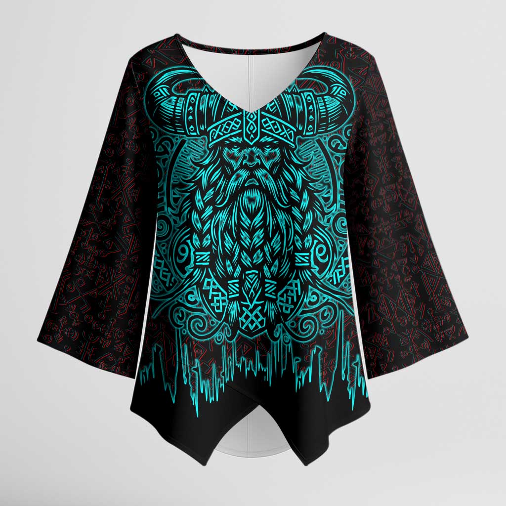 Viking Warrior Helm Kimono Sleeve Blouse Neon Tribal Linework and Runic Pattern Art