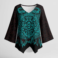 Viking Warrior Helm Kimono Sleeve Blouse Neon Tribal Linework and Runic Pattern Art