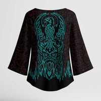 Viking Warrior Helm Kimono Sleeve Blouse Neon Tribal Linework and Runic Pattern Art