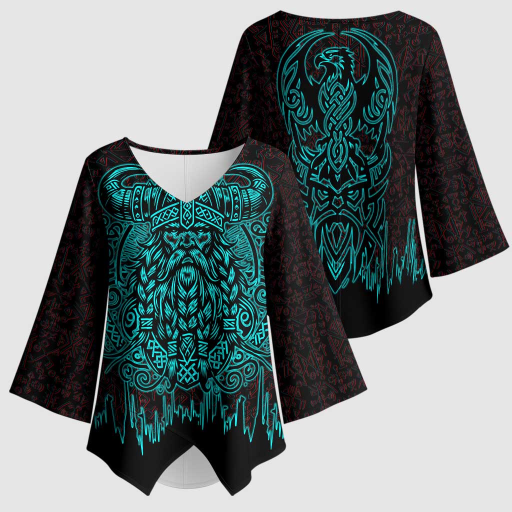 Viking Warrior Helm Kimono Sleeve Blouse Neon Tribal Linework and Runic Pattern Art