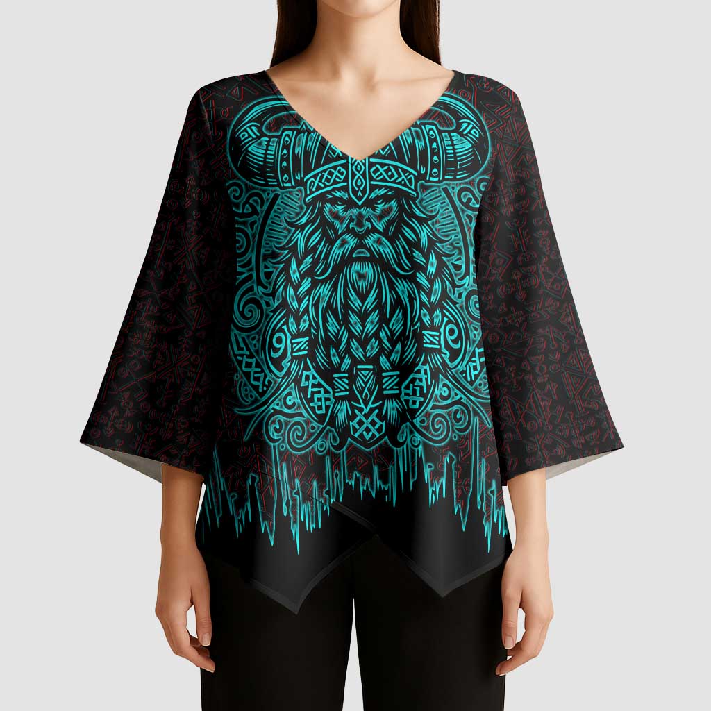 Viking Warrior Helm Kimono Sleeve Blouse Neon Tribal Linework and Runic Pattern Art