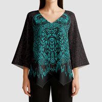 Viking Warrior Helm Kimono Sleeve Blouse Neon Tribal Linework and Runic Pattern Art