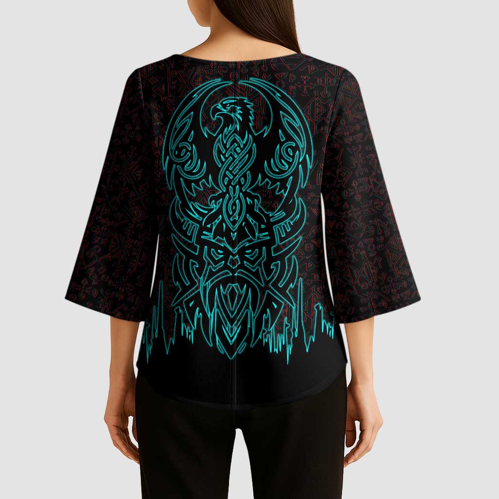 Viking Warrior Helm Kimono Sleeve Blouse Neon Tribal Linework and Runic Pattern Art