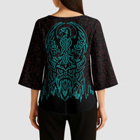 Viking Warrior Helm Kimono Sleeve Blouse Neon Tribal Linework and Runic Pattern Art