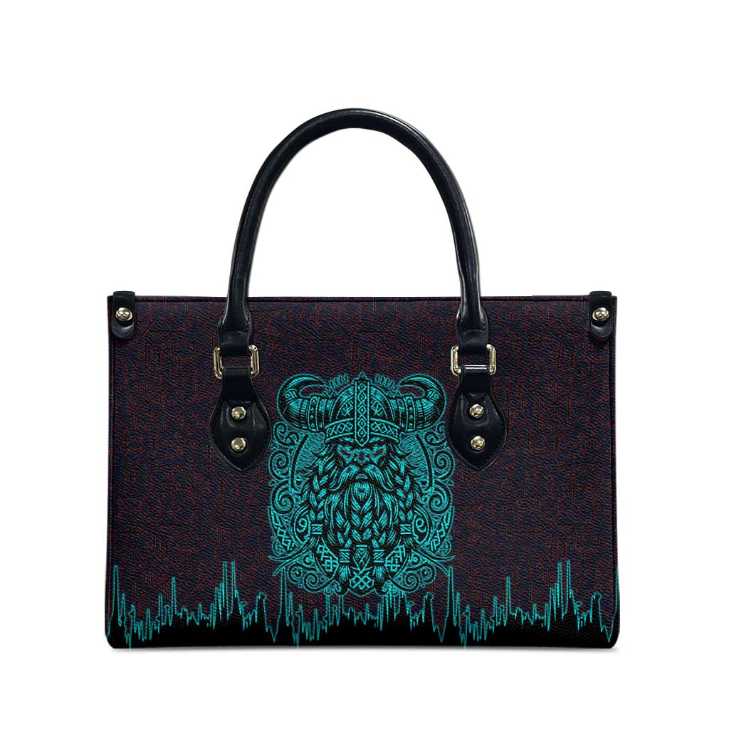 Viking Warrior Helm Leather Bag Neon Tribal Linework and Runic Pattern Art