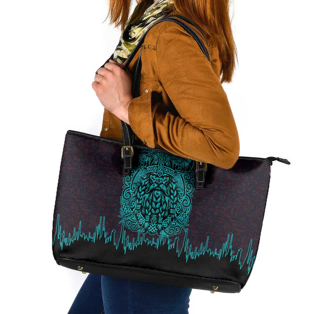 Viking Warrior Helm Leather Tote Bag Neon Tribal Linework and Runic Pattern Art