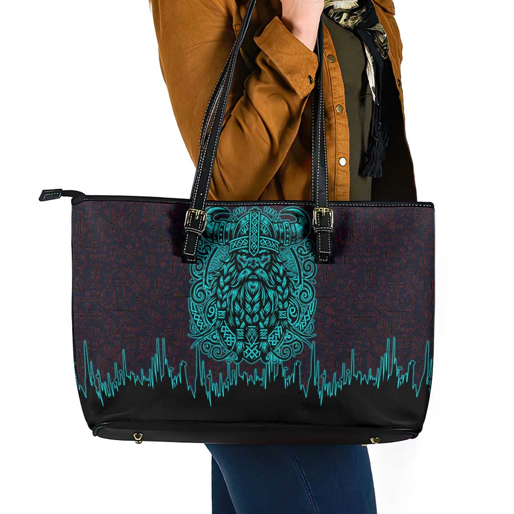 Viking Warrior Helm Leather Tote Bag Neon Tribal Linework and Runic Pattern Art