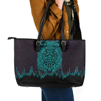 Viking Warrior Helm Leather Tote Bag Neon Tribal Linework and Runic Pattern Art