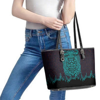 Viking Warrior Helm Leather Tote Bag Neon Tribal Linework and Runic Pattern Art