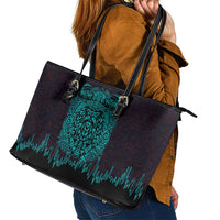 Viking Warrior Helm Leather Tote Bag Neon Tribal Linework and Runic Pattern Art