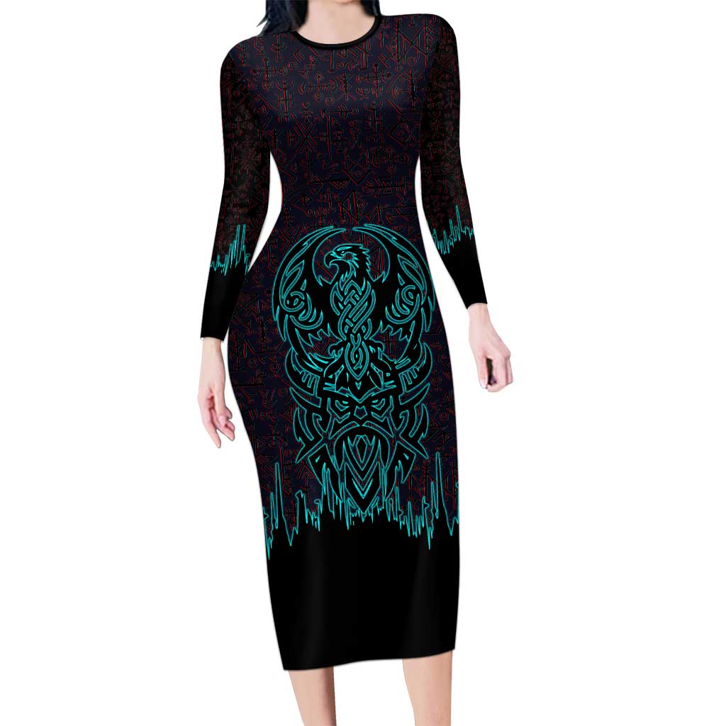 Viking Warrior Helm Long Sleeve Bodycon Dress Neon Tribal Linework and Runic Pattern Art