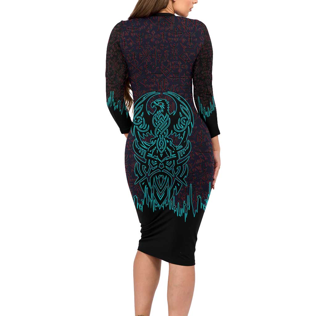 Viking Warrior Helm Long Sleeve Bodycon Dress Neon Tribal Linework and Runic Pattern Art