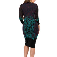 Viking Warrior Helm Long Sleeve Bodycon Dress Neon Tribal Linework and Runic Pattern Art